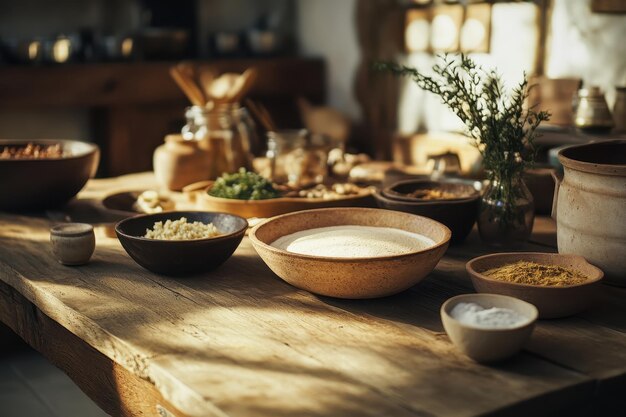 Stół z miskami i przyprawami
